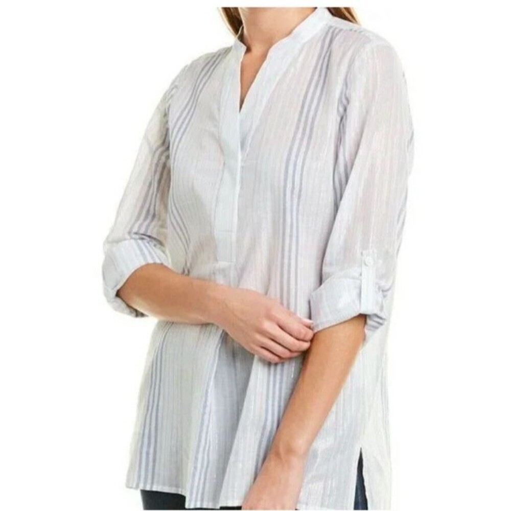 Vince Camuto Blouse Tunic Top Women's Medium Blue White Striped Silver Metallic